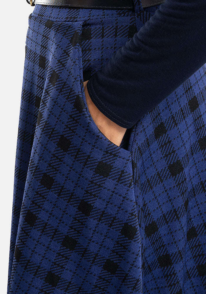 Anais Blue & Black Check Jacquard A-Line Skirt