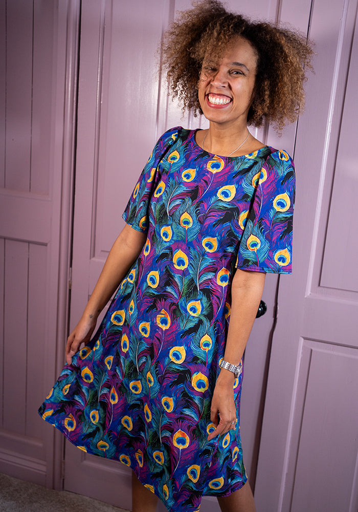 Front view of Anayer Peacock Feather Print Trapeze Dress