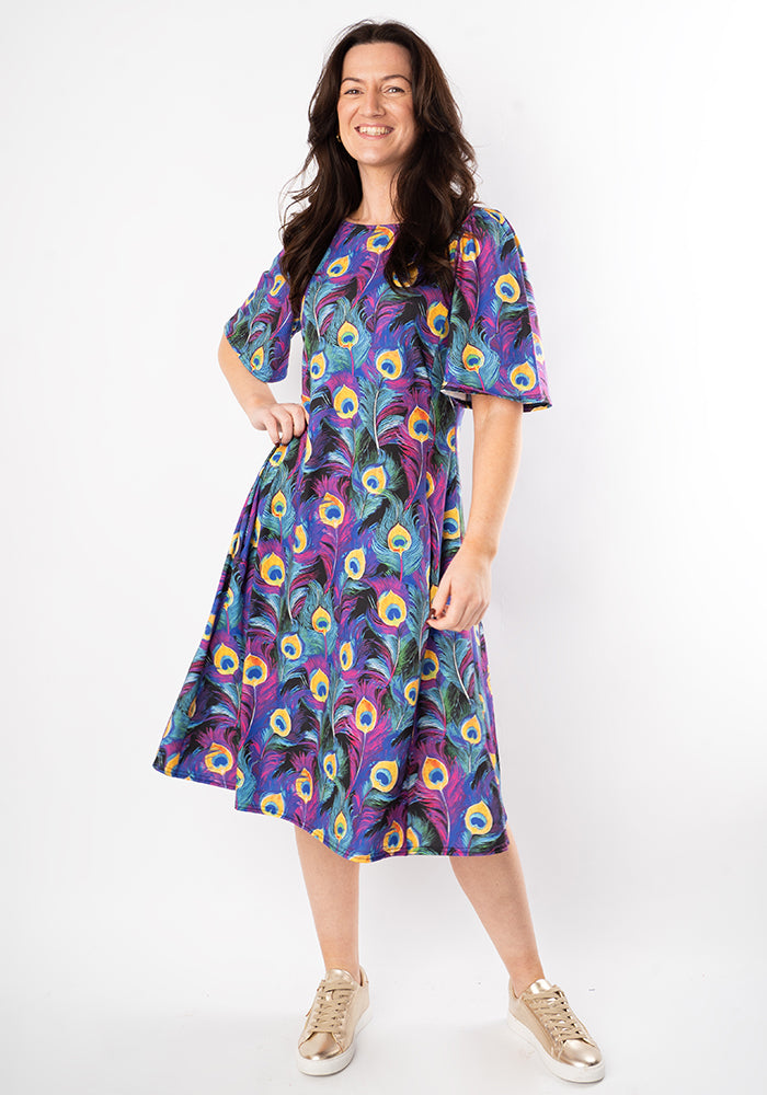 Third angle of Anayer Peacock Feather Print Trapeze Dress