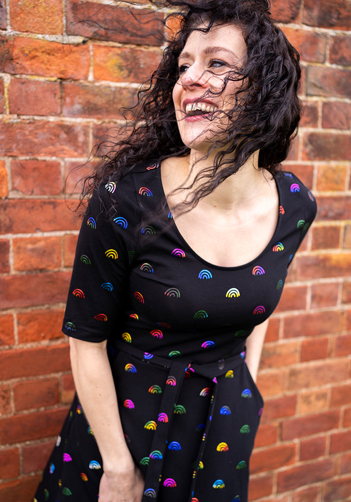 Sixth angle of Andria Rainbow Foil Rainbows Print Cotton Dress