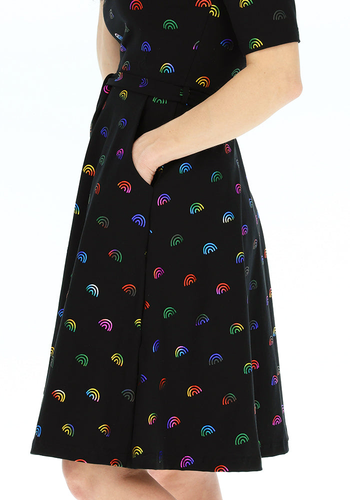 Third angle of Andria Rainbow Foil Rainbows Print Cotton Dress