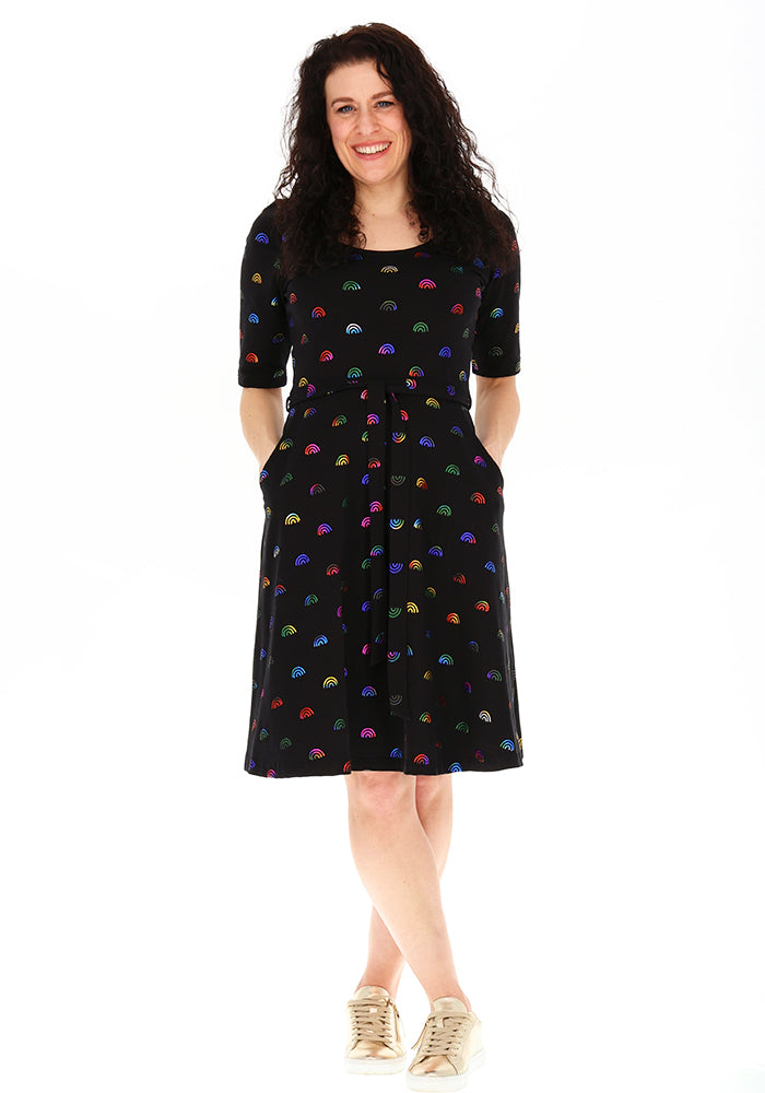 Front view of Andria Rainbow Foil Rainbows Print Cotton Dress