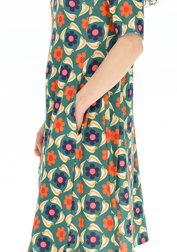Fourth angle of Angela Retro Bird Print Jersey Trapeze Dress