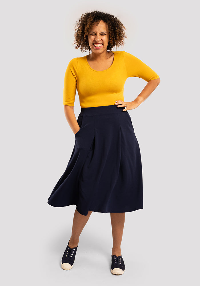 Front view of Ann Navy Vintage Box Pleat Swing Skirt