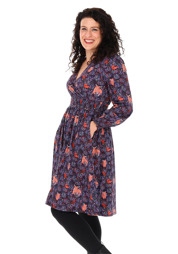 Ansley Highland Cow &amp; Red Grouse Print Cotton Dress