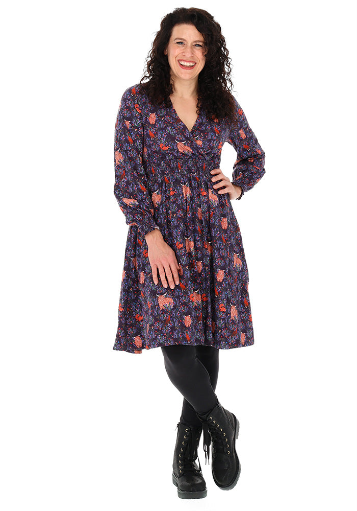 Ansley Highland Cow &amp; Red Grouse Print Cotton Dress