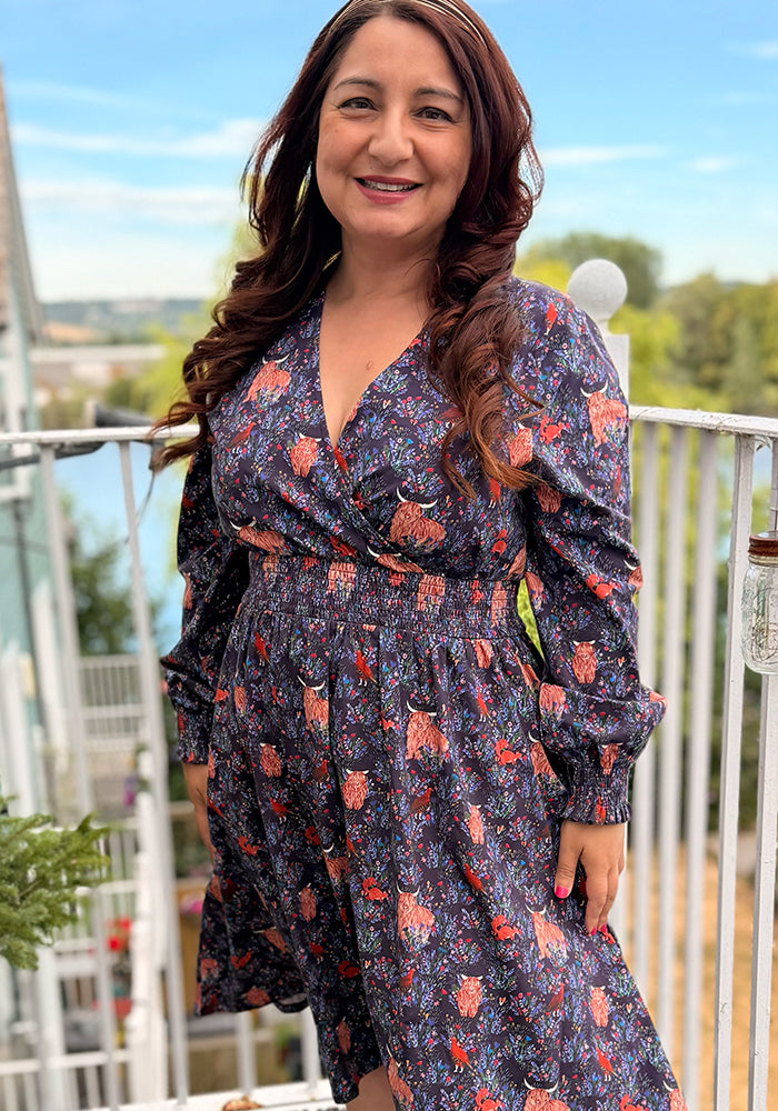 Ansley Highland Cow &amp; Red Grouse Print Cotton Dress