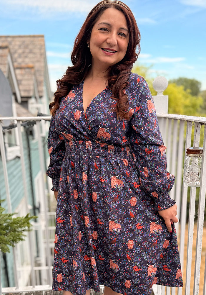 Ansley Highland Cow &amp; Red Grouse Print Cotton Dress