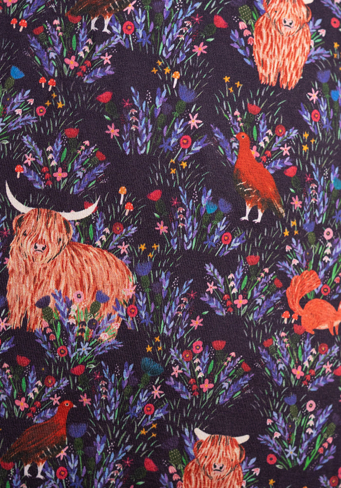 Ansley Highland Cow &amp; Red Grouse Print Cotton Dress