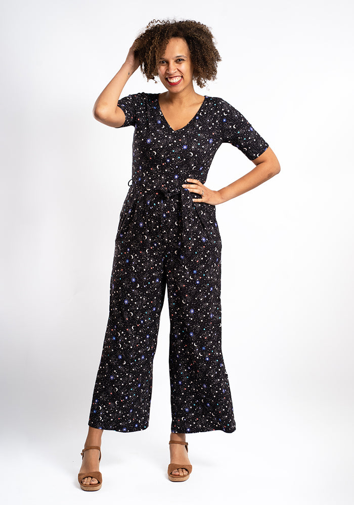 Front view of Antares Ditsy Star Print Viscose Jumpsuit