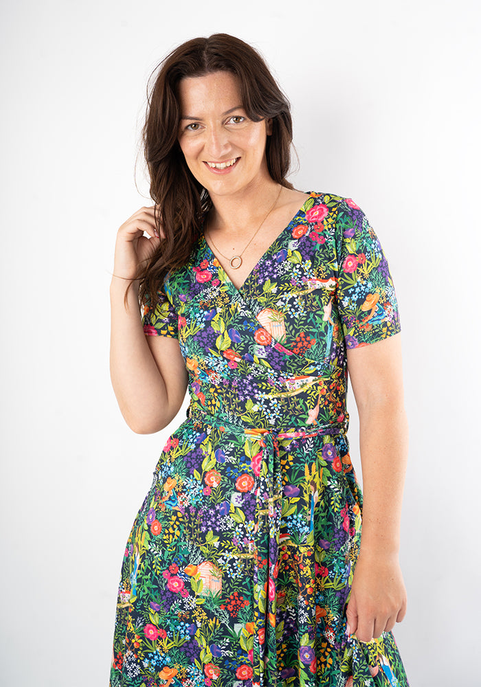 Woman wearing a colourful floral dress