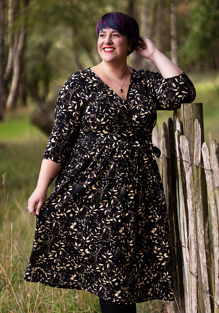 Alora Mystical Cats Print Cotton Midi Dress