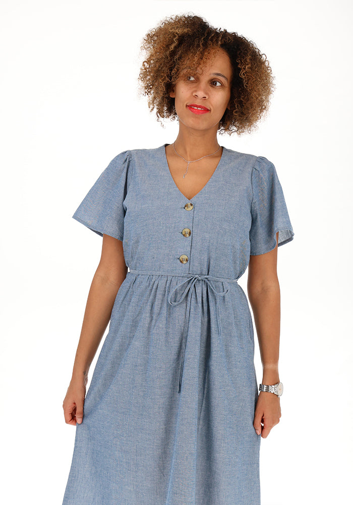 Third angle of Apphia Denim Blue Button Front Chambray Midi Dress