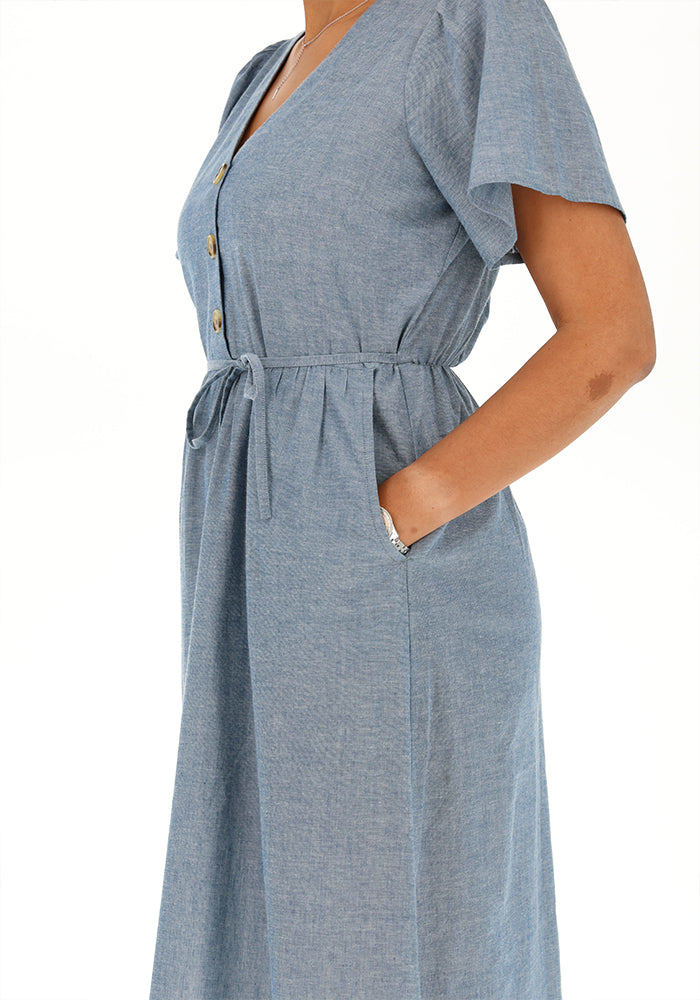 Second angle of Apphia Denim Blue Button Front Chambray Midi Dress