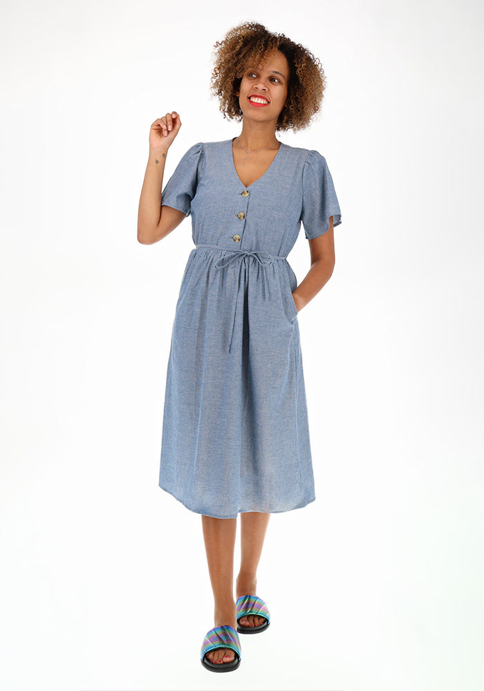 Front view of Apphia Denim Blue Button Front Chambray Midi Dress