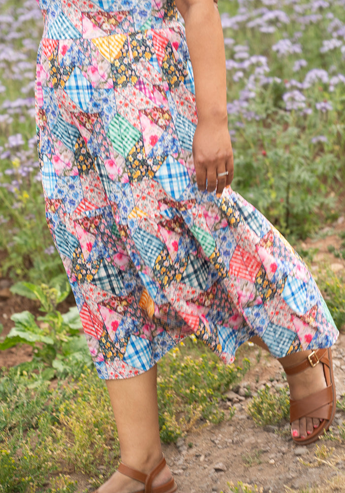 Aralon Patchwork Quilt Print Tiered Hem Midi Dress