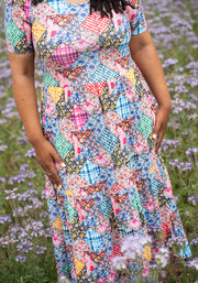 Aralon Patchwork Quilt Print Tiered Hem Midi Dress