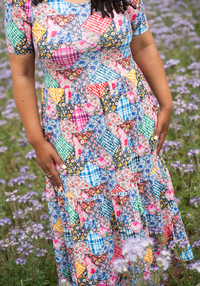 Aralon Patchwork Quilt Print Tiered Hem Midi Dress