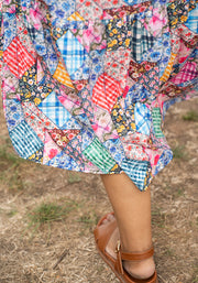Aralon Patchwork Quilt Print Tiered Hem Midi Dress