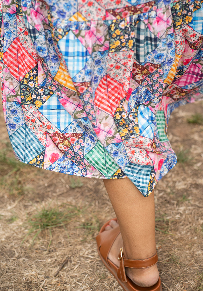 Aralon Patchwork Quilt Print Tiered Hem Midi Dress