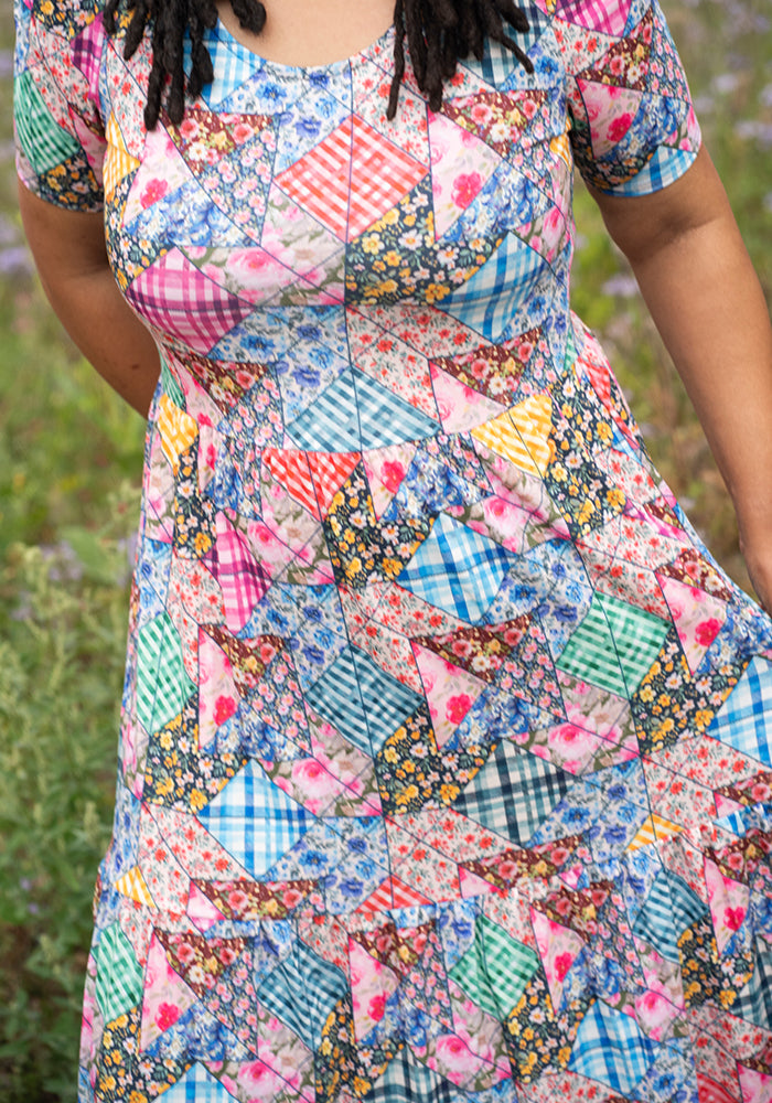 Aralon Patchwork Quilt Print Tiered Hem Midi Dress