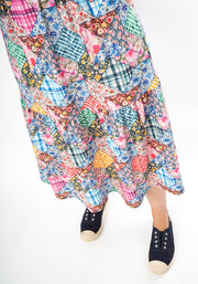 Aralon Patchwork Quilt Print Tiered Hem Midi Dress