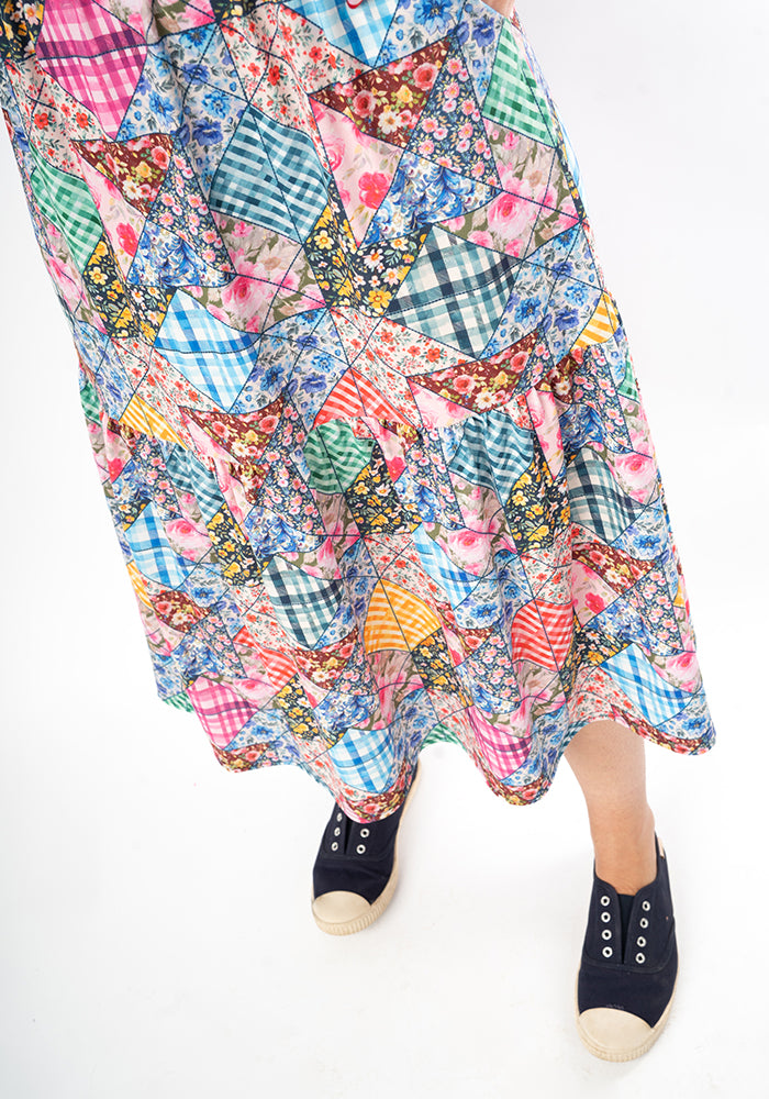 Aralon Patchwork Quilt Print Tiered Hem Midi Dress