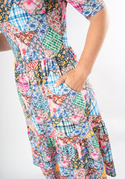 Aralon Patchwork Quilt Print Tiered Hem Midi Dress