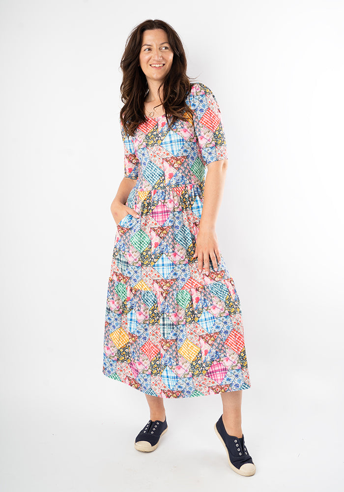 Third angle of Aralon Patchwork Quilt Print Tiered Hem Midi Dress
