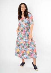 Aralon Patchwork Quilt Print Tiered Hem Midi Dress