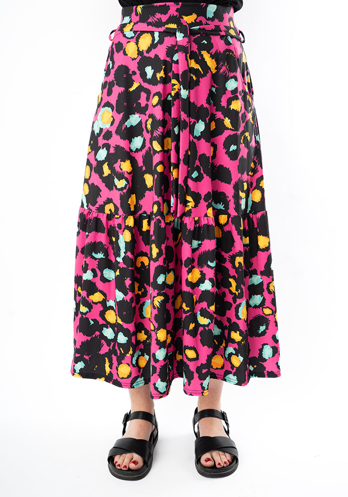 Aramis Pink Animal Print Tiered Hem Midi Skirt