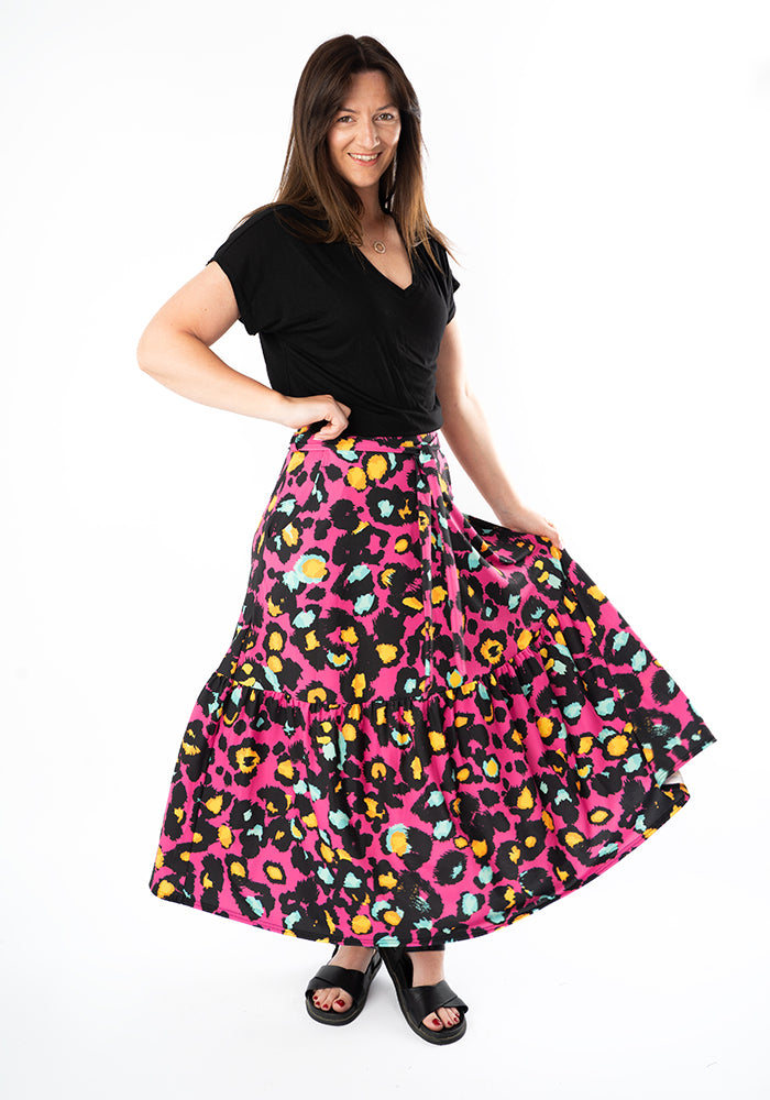 Third angle of Aramis Pink Animal Print Tiered Hem Jersey Midi Skirt