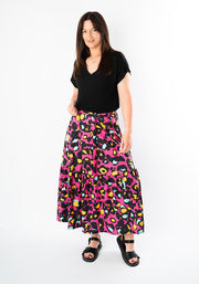 Aramis Pink Animal Print Tiered Hem Midi Skirt