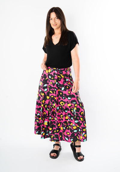 Aramis Pink Animal Print Tiered Hem Midi Skirt