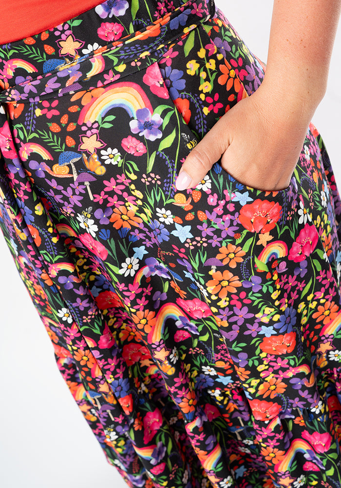 Third angle of Aramis Garden Rainbow Floral Print Tiered Hem Jersey Midi Skirt