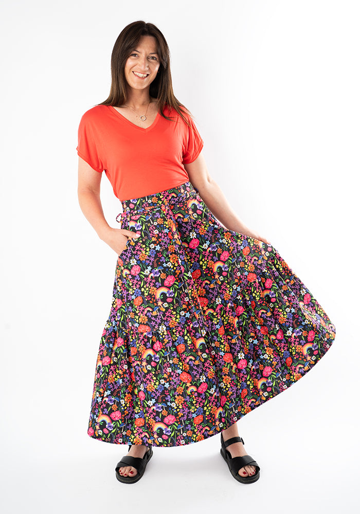 Aramis Garden Rainbow Print Tiered Hem Midi Skirt