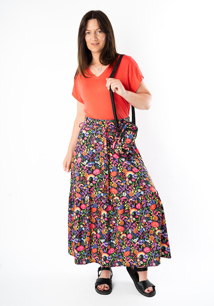 Front view of Aramis Garden Rainbow Floral Print Tiered Hem Jersey Midi Skirt