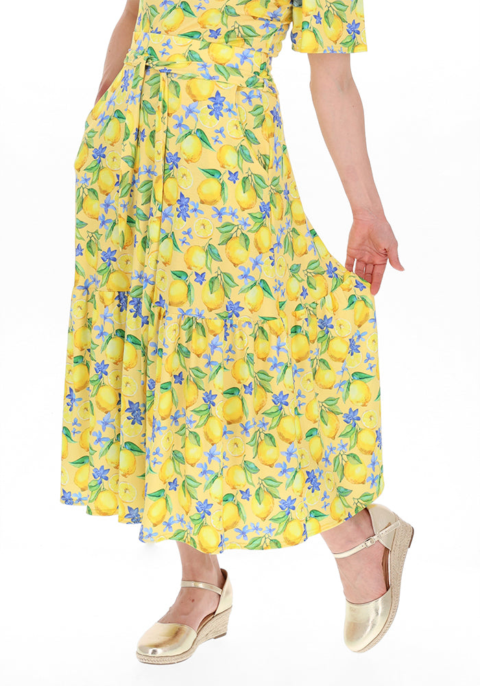 Front view of Aramis Lemon Print Tiered Hem Jersey Midi Skirt