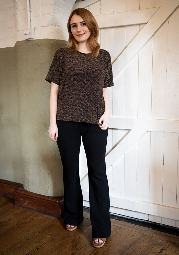 Front view of Arbor Black Full Leg Flare Trousers