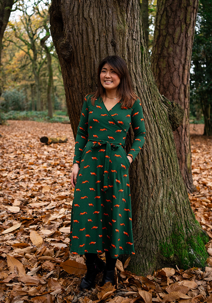 Front view of Archer Green Fox Print Cotton Midi Dress