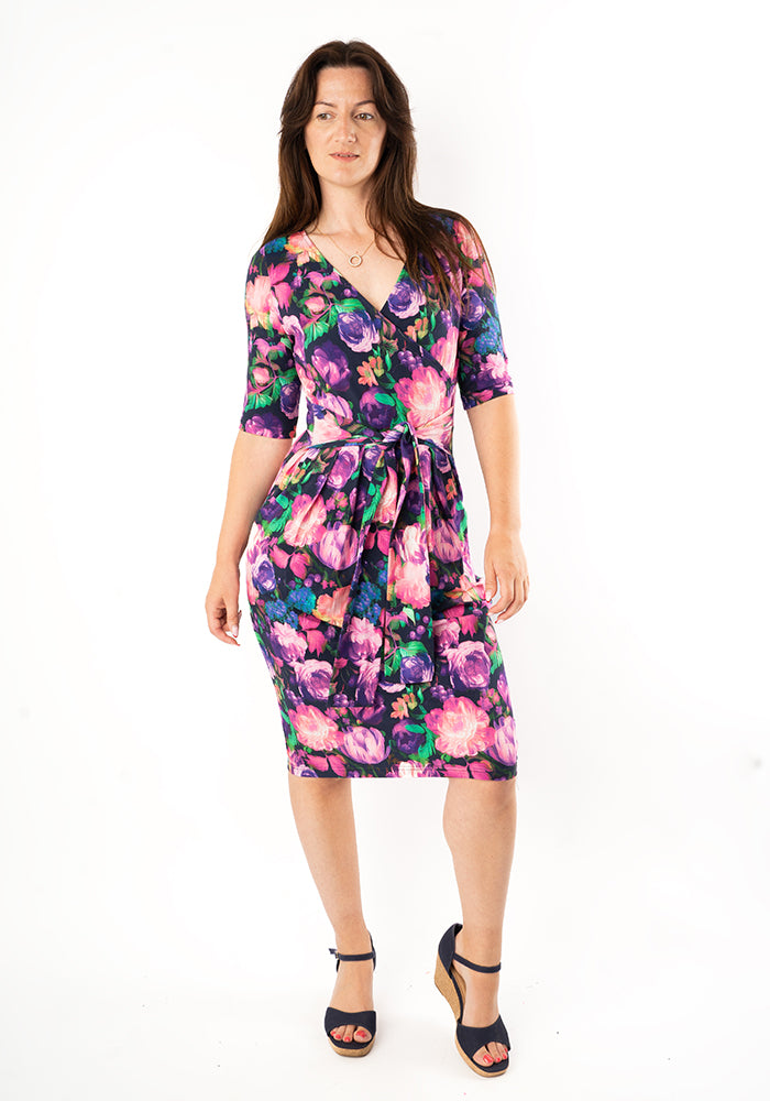 Arden Pink & Purple Blurred Floral Print Cotton Dress