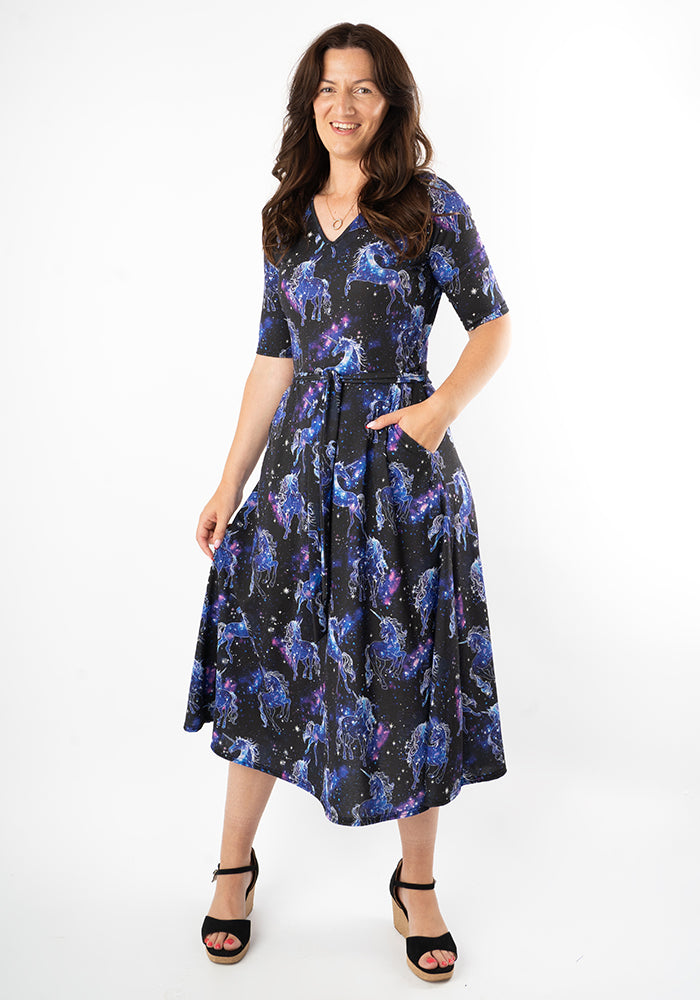Third angle of Areli Unicorn Galaxy Print Midi Dress