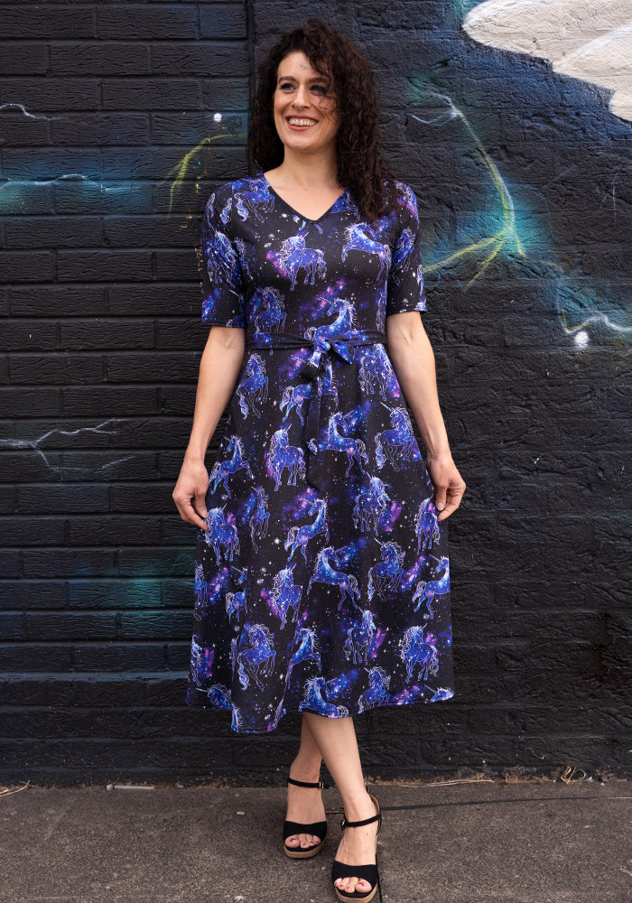 Front view of Areli Unicorn Galaxy Print Midi Dress