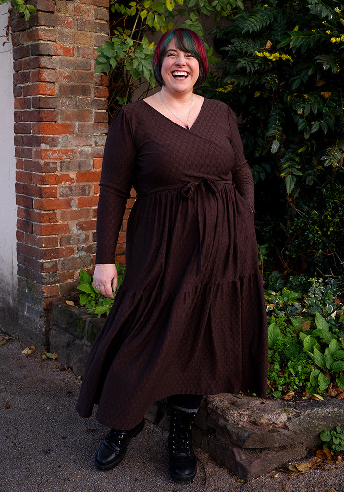 Front view of Arla Chocolate Textured Oval Midaxi Dress