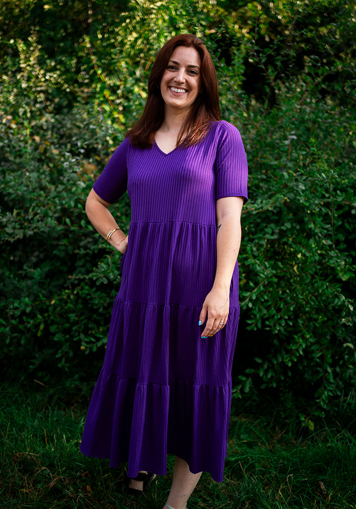 Arlet Plain Purple Tiered Hem Relaxed Fit Midi Dress