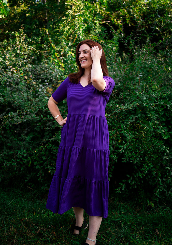 Arlet Plain Purple Tiered Hem Relaxed Fit Midi Dress