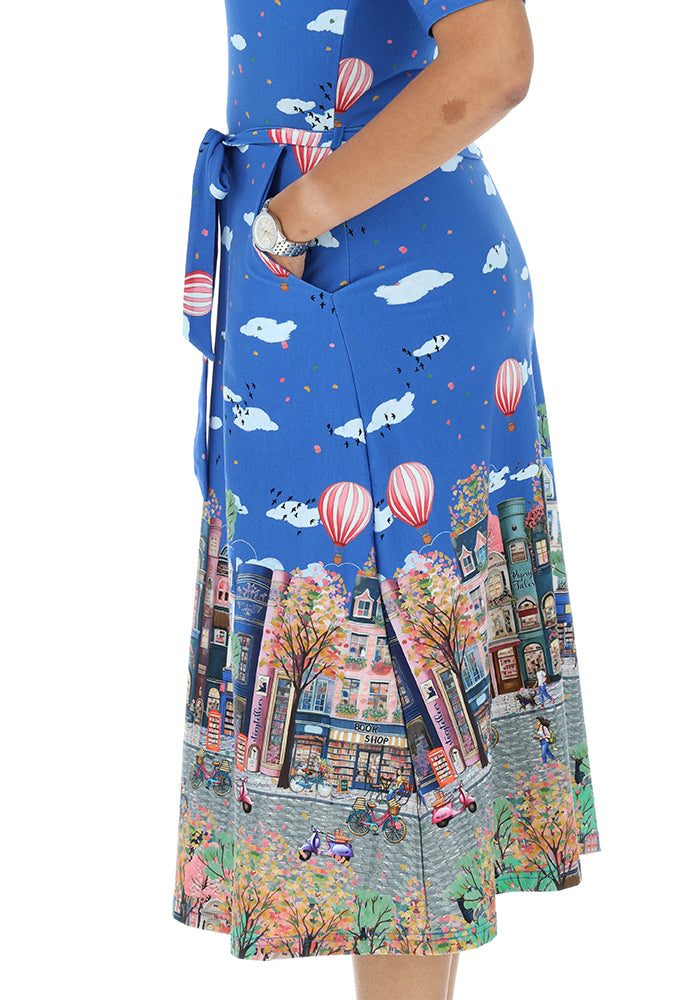 Third angle of Arlynn Bookstore Street Print Cotton Midi Dress
