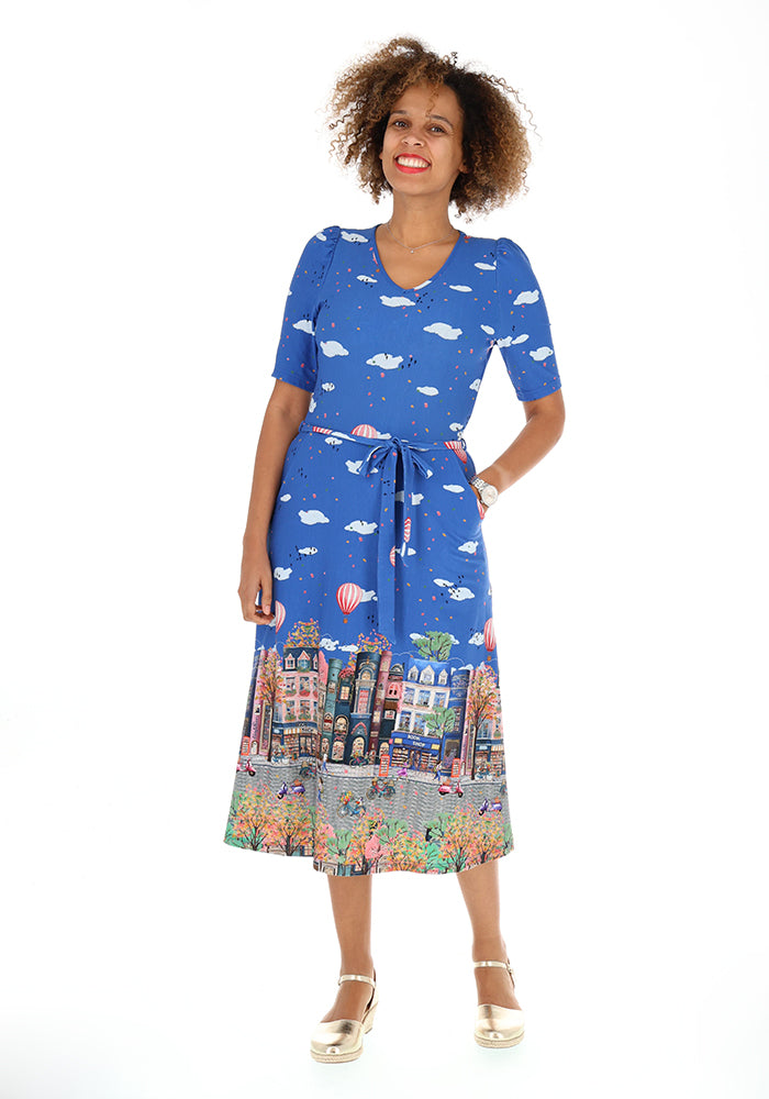 Front view of Arlynn Bookstore Street Print Cotton Midi Dress