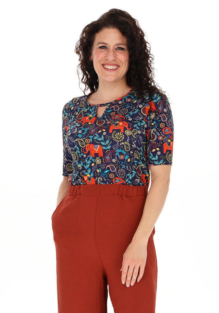 Asta Elephant Navy Paisley Print Notch Neck Top