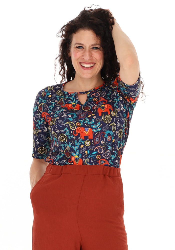 Asta Elephant Navy Paisley Print Notch Neck Top